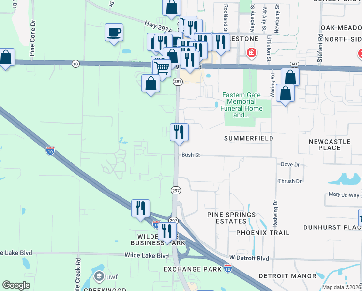 map of restaurants, bars, coffee shops, grocery stores, and more near 8900 Pine Forest Road in Pensacola