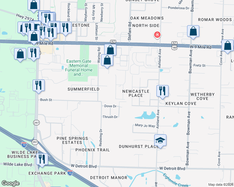map of restaurants, bars, coffee shops, grocery stores, and more near 8960 Waring Road in Pensacola
