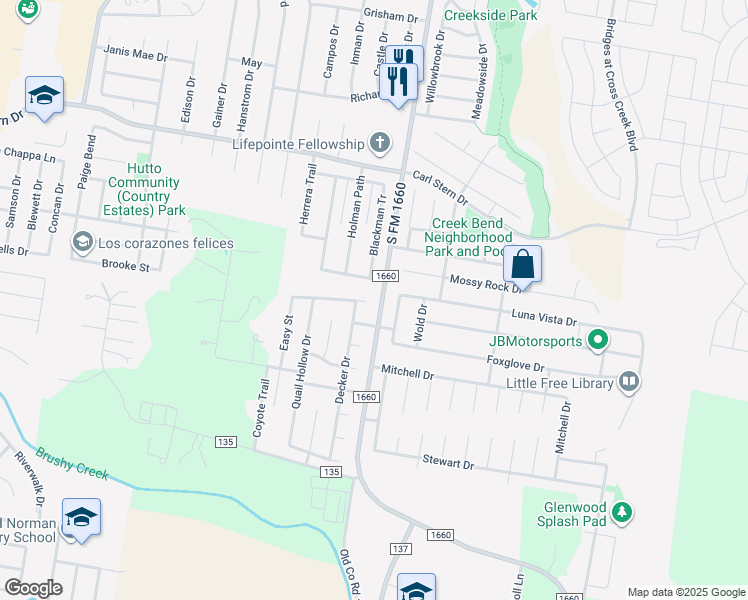 map of restaurants, bars, coffee shops, grocery stores, and more near 101 Paddington Way in Hutto