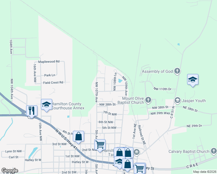 map of restaurants, bars, coffee shops, grocery stores, and more near 3736 Northwest 108th Avenue in Jasper