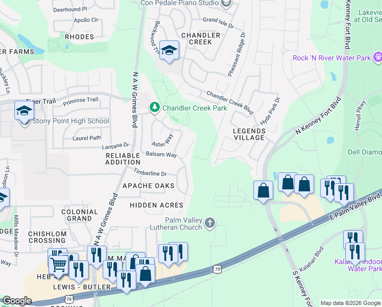 map of restaurants, bars, coffee shops, grocery stores, and more near 2006 Cyclone Ridge Cove in Round Rock