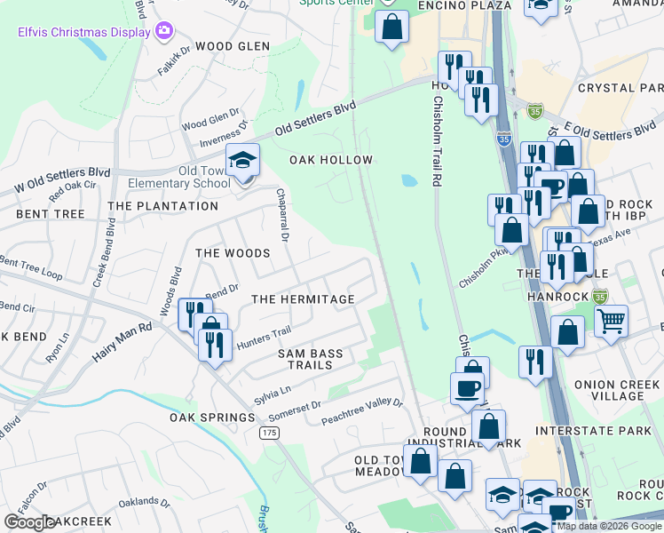 map of restaurants, bars, coffee shops, grocery stores, and more near 1511 Hermitage Drive in Round Rock