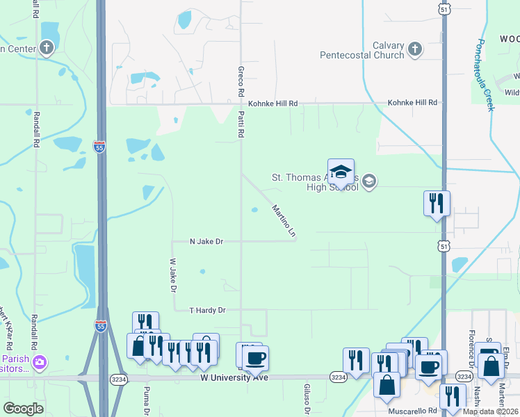 map of restaurants, bars, coffee shops, grocery stores, and more near 46328 Patti Road in Hammond