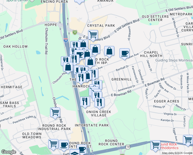 map of restaurants, bars, coffee shops, grocery stores, and more near 1920 Nicole Circle in Round Rock