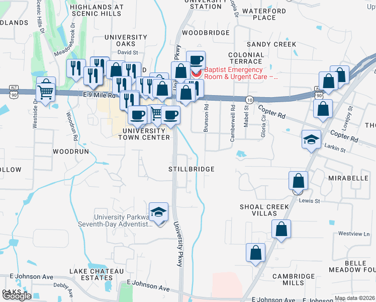 map of restaurants, bars, coffee shops, grocery stores, and more near 9198 Stillbridge Lane in Pensacola