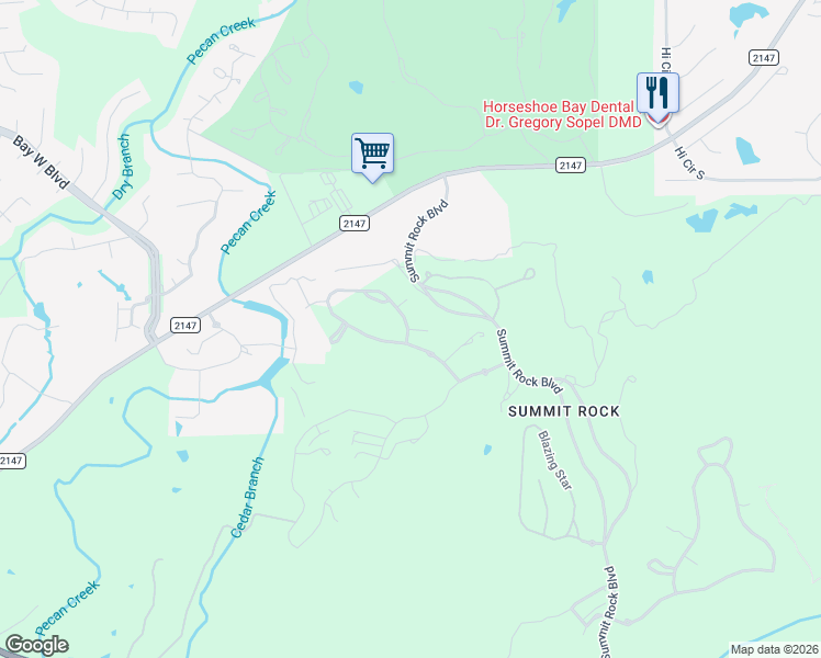 map of restaurants, bars, coffee shops, grocery stores, and more near Violet Meadow in Horseshoe Bay