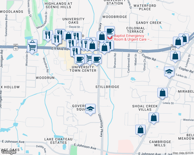 map of restaurants, bars, coffee shops, grocery stores, and more near 9021 University Parkway in Pensacola