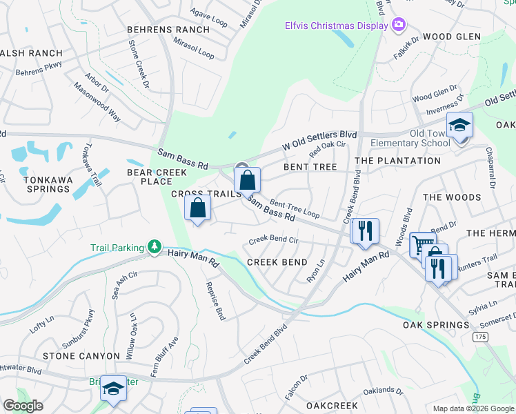 map of restaurants, bars, coffee shops, grocery stores, and more near 2595 Sam Bass Road in Round Rock