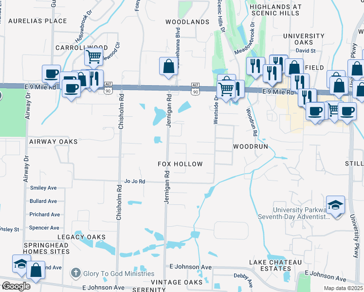 map of restaurants, bars, coffee shops, grocery stores, and more near 8739 Ramble Woods Drive in Pensacola