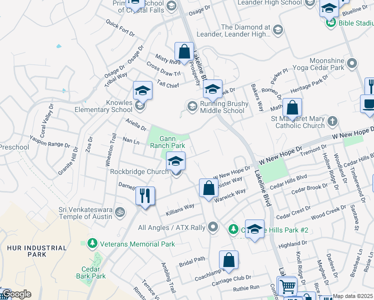 map of restaurants, bars, coffee shops, grocery stores, and more near 1900 Cougar Country Drive in Cedar Park