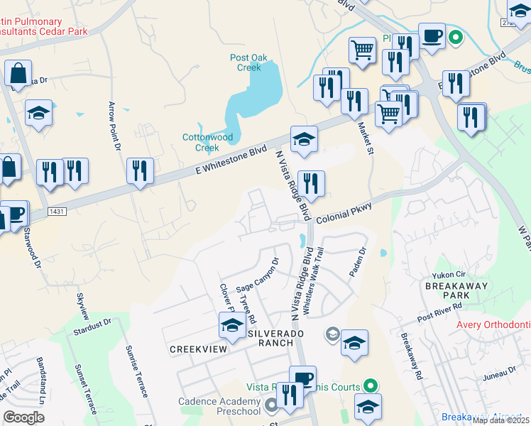 map of restaurants, bars, coffee shops, grocery stores, and more near 701 North Vista Ridge Boulevard in Cedar Park