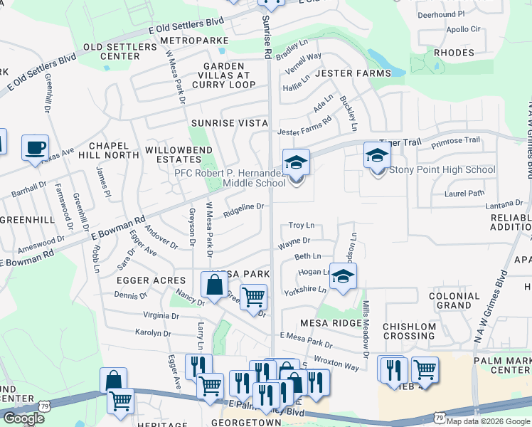 map of restaurants, bars, coffee shops, grocery stores, and more near 1115 Long Meadow Drive in Round Rock