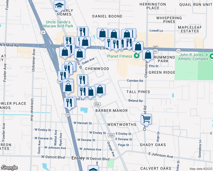 map of restaurants, bars, coffee shops, grocery stores, and more near 8902 N Palafox St in Pensacola