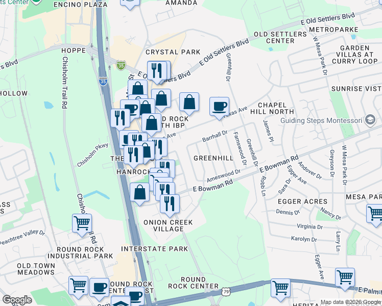 map of restaurants, bars, coffee shops, grocery stores, and more near 1902 Aberdeen Drive in Round Rock