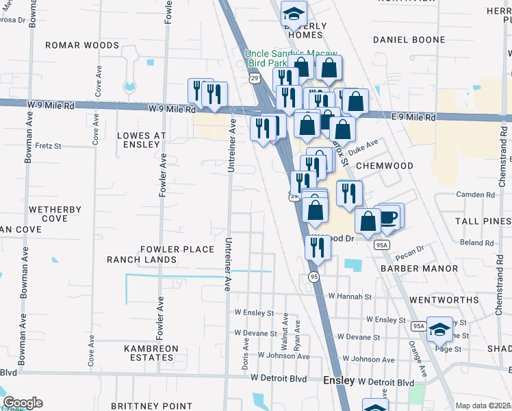 map of restaurants, bars, coffee shops, grocery stores, and more near 8907 Figland Avenue in Pensacola