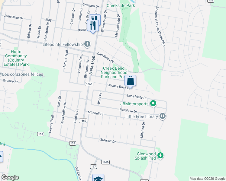 map of restaurants, bars, coffee shops, grocery stores, and more near 302 Luna Vista Drive in Hutto
