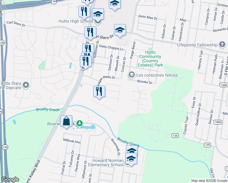 map of restaurants, bars, coffee shops, grocery stores, and more near 1015 Hondo Lane in Hutto