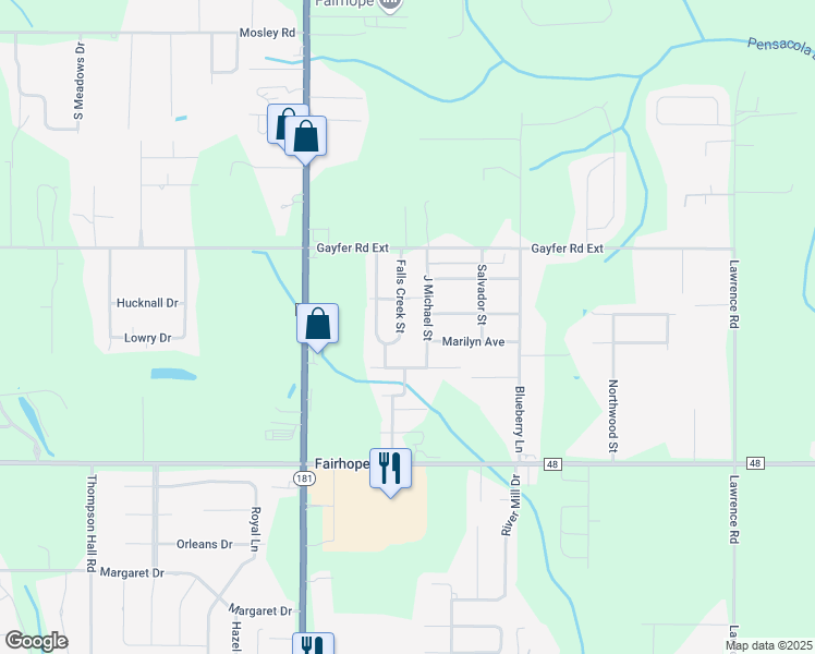 map of restaurants, bars, coffee shops, grocery stores, and more near 225 Falls Creek Street in Fairhope