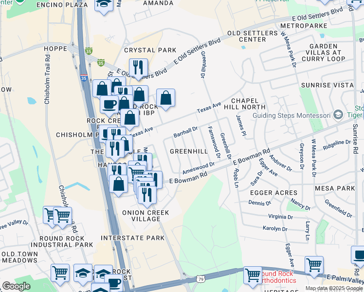 map of restaurants, bars, coffee shops, grocery stores, and more near 1901 Cameo Drive in Round Rock