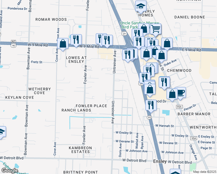 map of restaurants, bars, coffee shops, grocery stores, and more near 8965 Untreiner Avenue in Pensacola