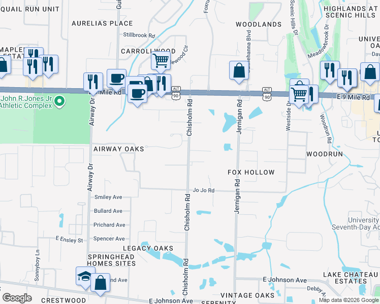 map of restaurants, bars, coffee shops, grocery stores, and more near 9110 Chisholm Road in Pensacola
