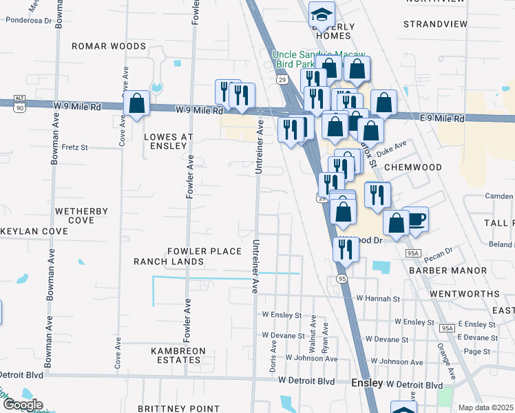 map of restaurants, bars, coffee shops, grocery stores, and more near Riley Rd in Pensacola