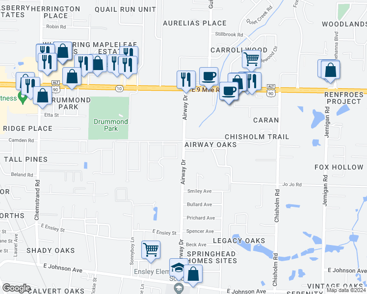 map of restaurants, bars, coffee shops, grocery stores, and more near 9092 Airway Drive in Pensacola