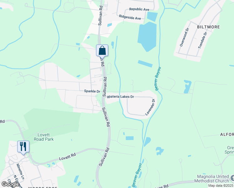 map of restaurants, bars, coffee shops, grocery stores, and more near 14585 Wisteria Lakes Drive in Baton Rouge