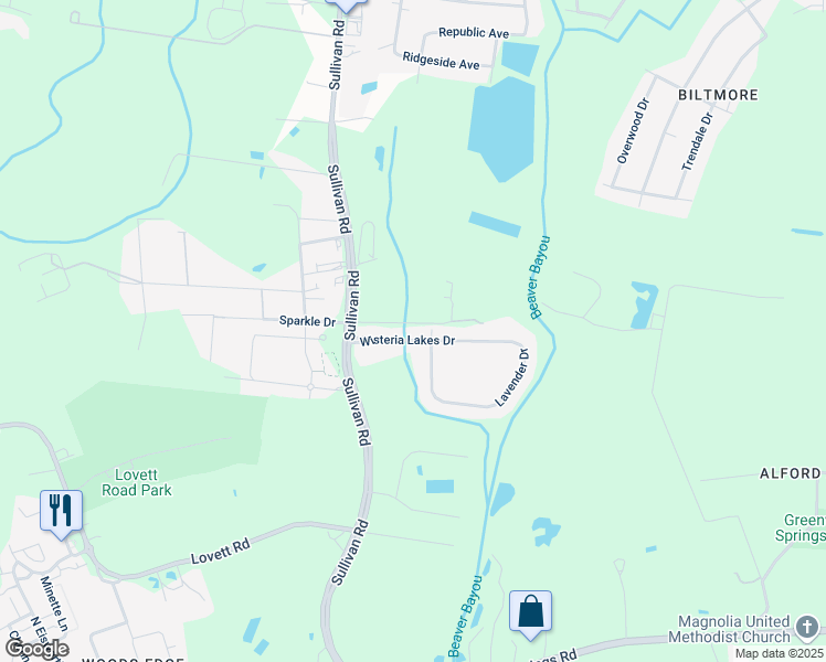 map of restaurants, bars, coffee shops, grocery stores, and more near 14585 Wisteria Lakes Drive in Baton Rouge