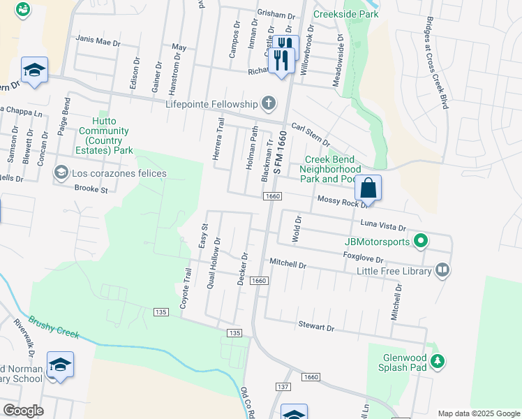 map of restaurants, bars, coffee shops, grocery stores, and more near 101 Paddington Way in Hutto