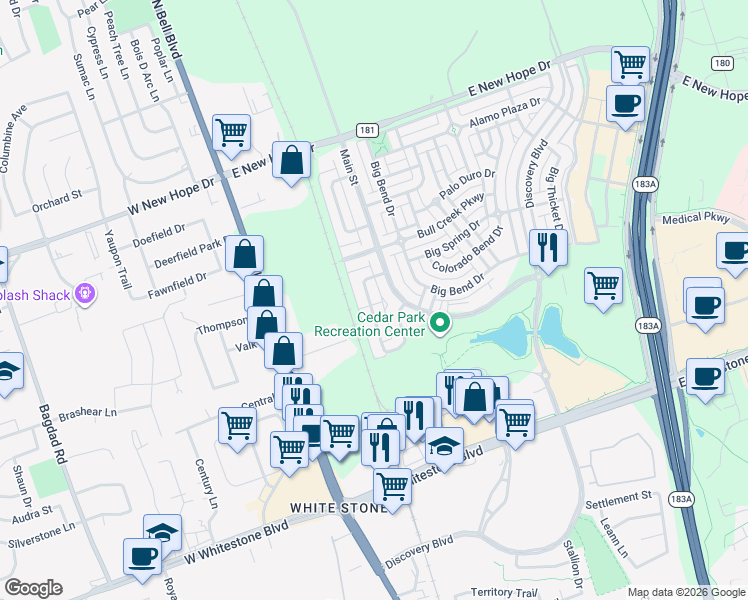 map of restaurants, bars, coffee shops, grocery stores, and more near 1500 Davis Mountain Loop in Cedar Park