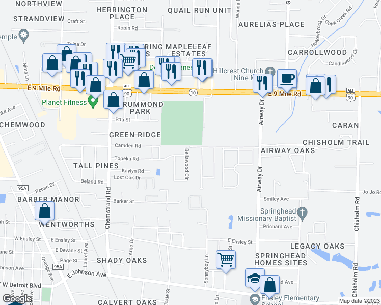 map of restaurants, bars, coffee shops, grocery stores, and more near 8931 Bellawood Circle in Pensacola