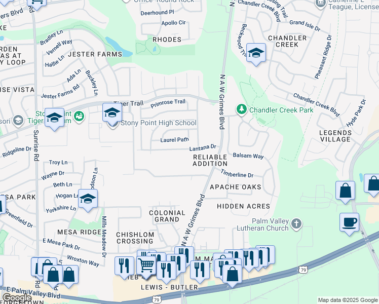 map of restaurants, bars, coffee shops, grocery stores, and more near 1903 Lantana Drive in Round Rock