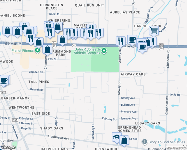 map of restaurants, bars, coffee shops, grocery stores, and more near 9095 Airway Drive in Pensacola