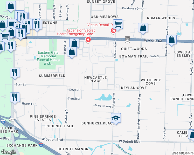 map of restaurants, bars, coffee shops, grocery stores, and more near 8967 Camelot Place in Pensacola