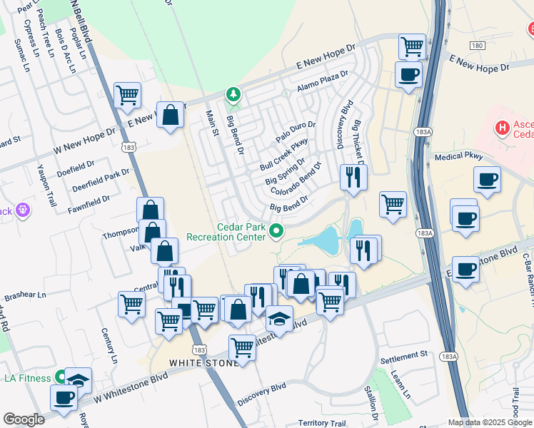 map of restaurants, bars, coffee shops, grocery stores, and more near 1500 Main Street in Cedar Park