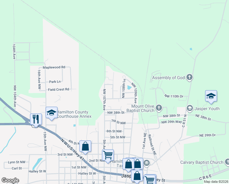 map of restaurants, bars, coffee shops, grocery stores, and more near 3736 Northwest 108th Avenue in Jasper