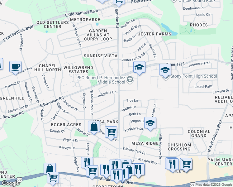 map of restaurants, bars, coffee shops, grocery stores, and more near 1115 Long Meadow Drive in Round Rock
