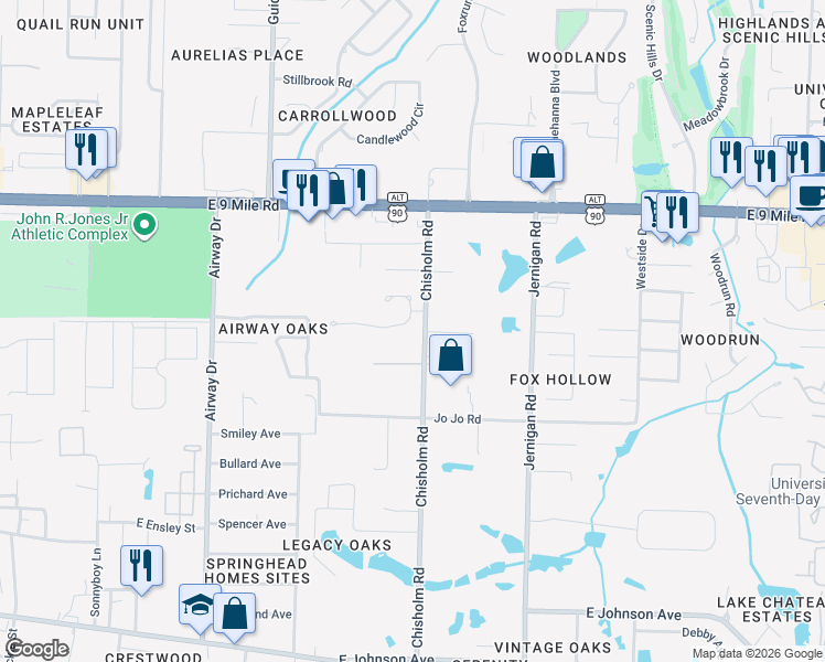 map of restaurants, bars, coffee shops, grocery stores, and more near 9110 Chisholm Road in Pensacola