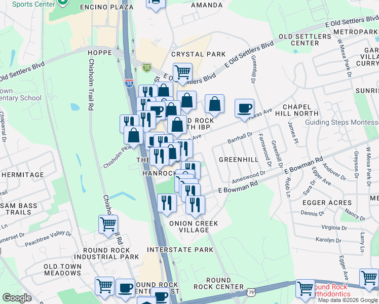 map of restaurants, bars, coffee shops, grocery stores, and more near 1905A North Mays Street in Round Rock