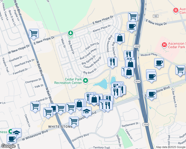 map of restaurants, bars, coffee shops, grocery stores, and more near 1430 Main Street in Cedar Park