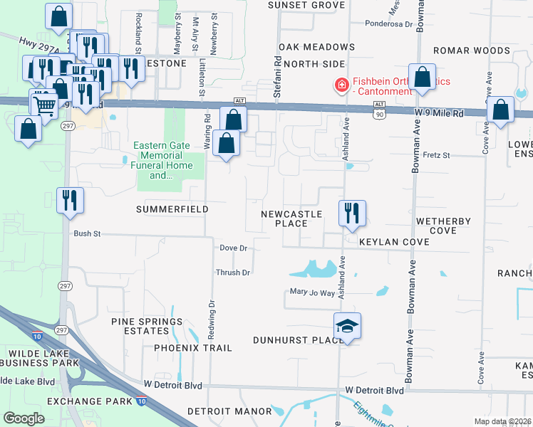 map of restaurants, bars, coffee shops, grocery stores, and more near 8873 Brigade Trail in Pensacola