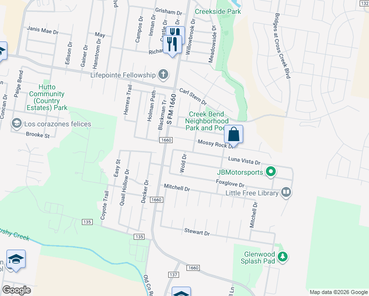 map of restaurants, bars, coffee shops, grocery stores, and more near 126 Luna Vista Drive in Hutto