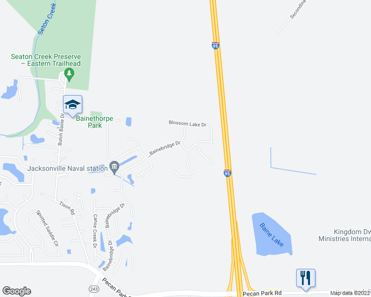 map of restaurants, bars, coffee shops, grocery stores, and more near Stedman Lake Drive in Jacksonville