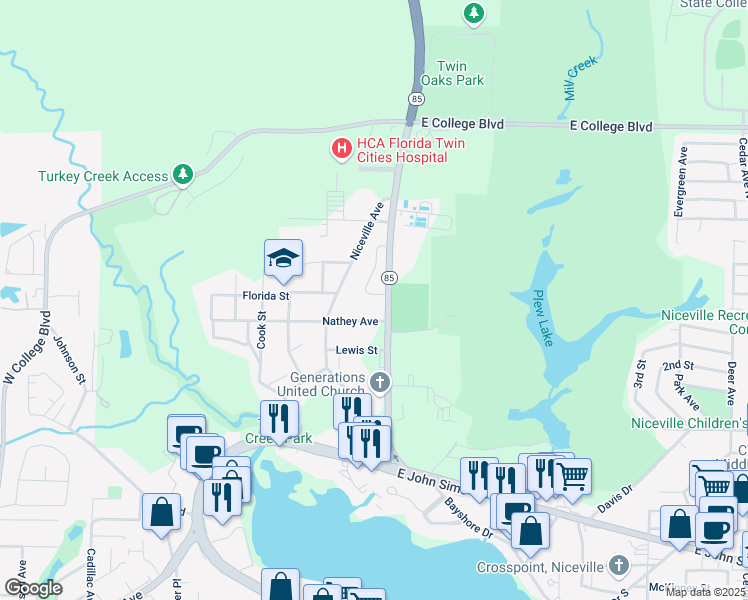 map of restaurants, bars, coffee shops, grocery stores, and more near 104 Arrowhead Way in Niceville