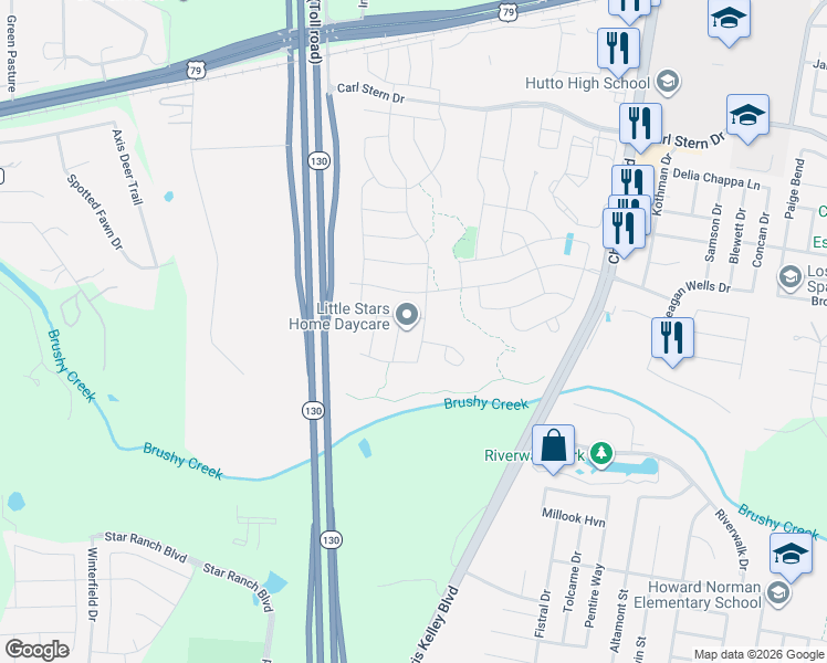 map of restaurants, bars, coffee shops, grocery stores, and more near 950 Linda Lane in Hutto