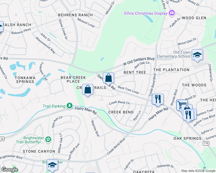 map of restaurants, bars, coffee shops, grocery stores, and more near 2605 Sam Bass Road in Round Rock