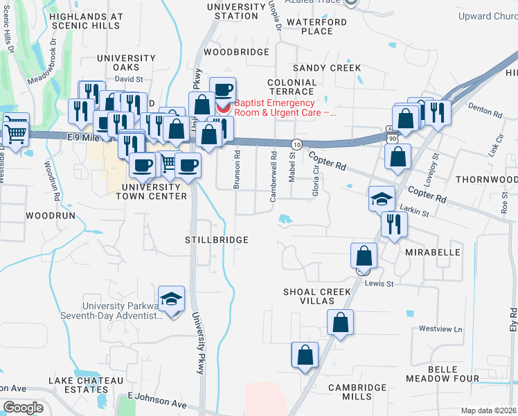 map of restaurants, bars, coffee shops, grocery stores, and more near 9110 Camberwell Road in Pensacola