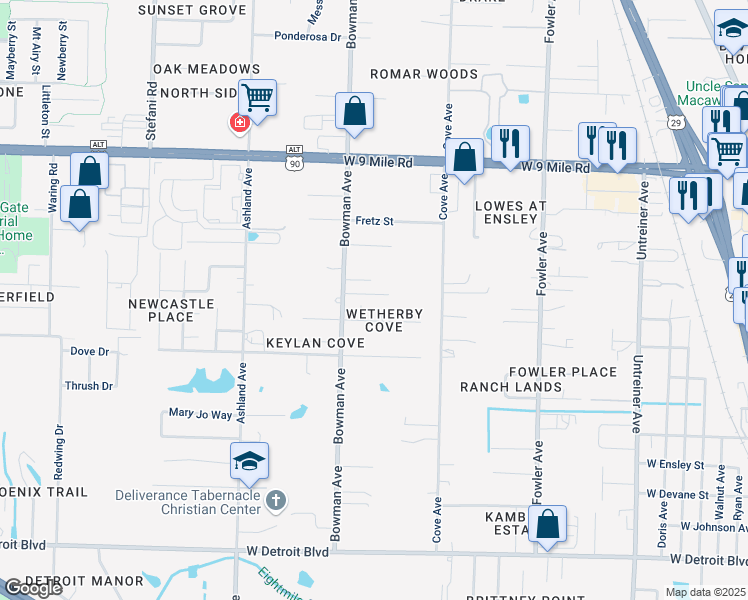 map of restaurants, bars, coffee shops, grocery stores, and more near 8903 Fullham Court in Pensacola