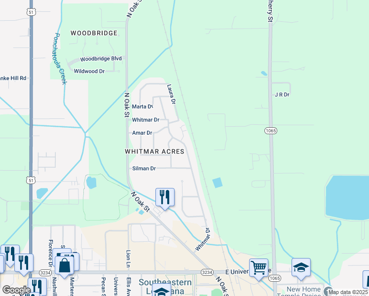 map of restaurants, bars, coffee shops, grocery stores, and more near 51 Whitmar Drive in Hammond
